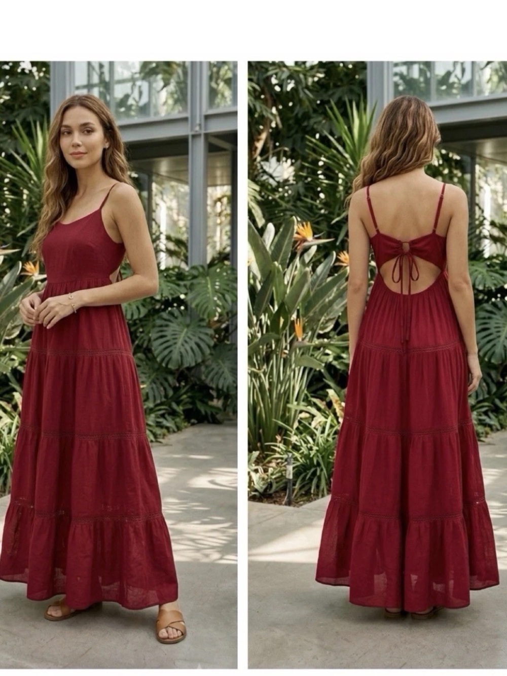 Zara Burgundy Tiered Maxi Dress with Tie-Back
